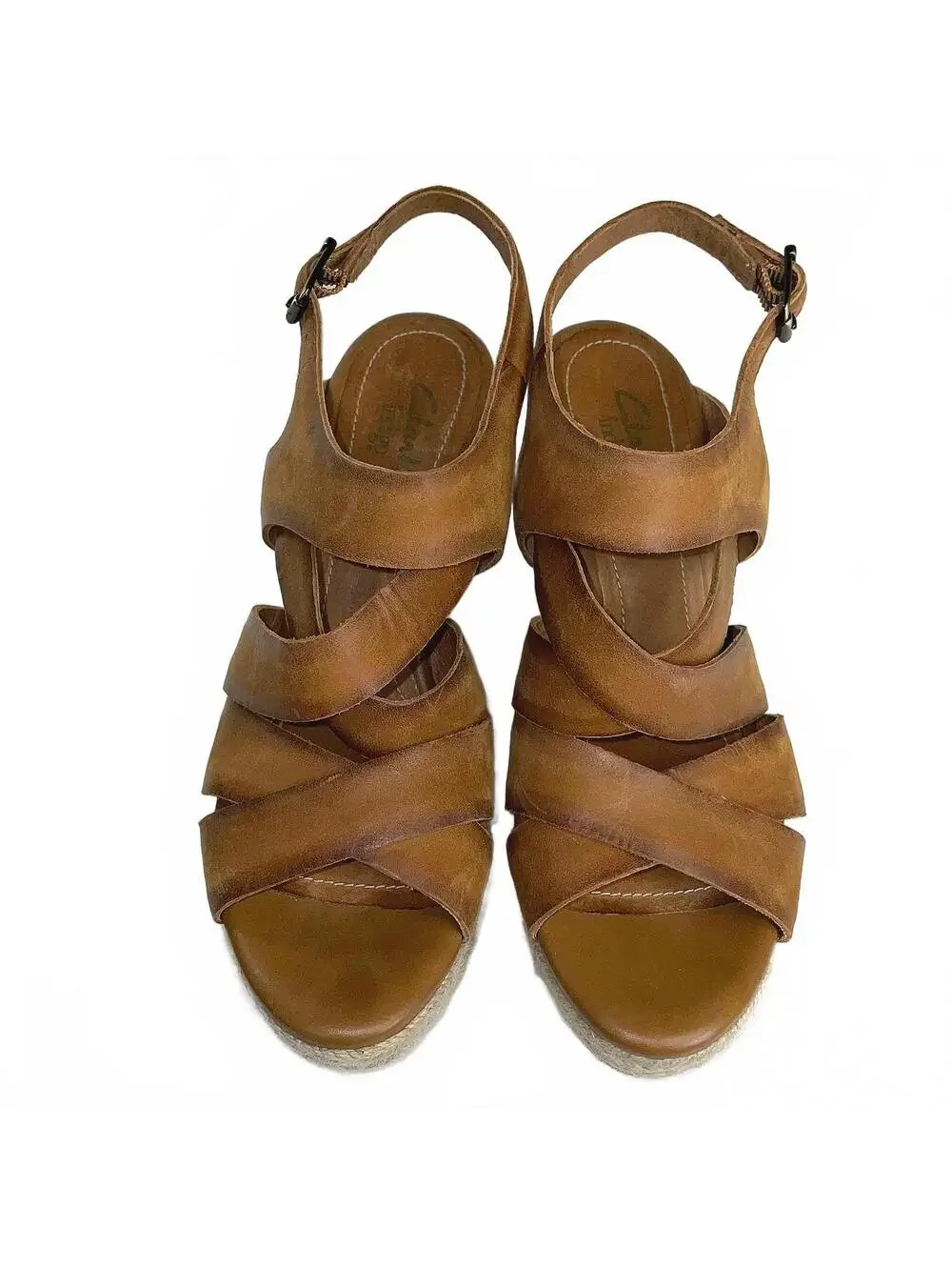 Clarks Tan Leather Indigo Espadrilles Platform Wedges Size 8 Fall Preppy Boho